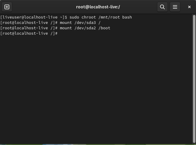 A window showing the chroot and additional mounts for Fedora.