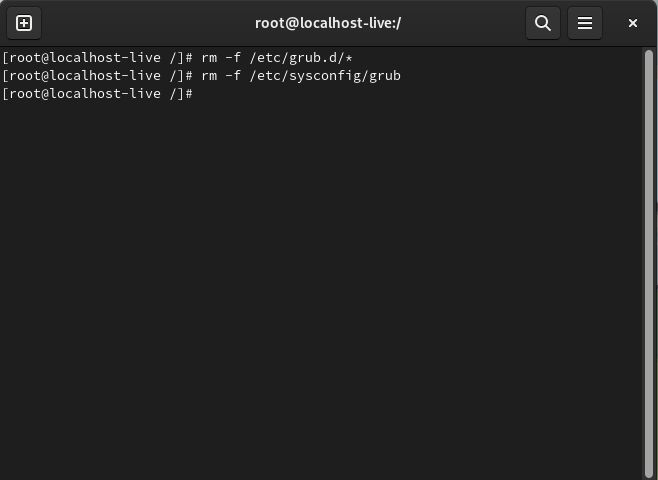 A window showing the removal process for the default GRUB files.