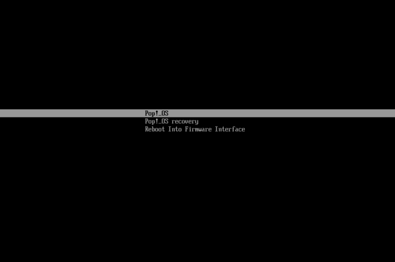 A screenshot of the Systemd-boot bootloader in Pop!_OS.