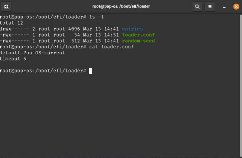A screenshot of a terminal window showing the contents of the machine's /boot/efi partition.