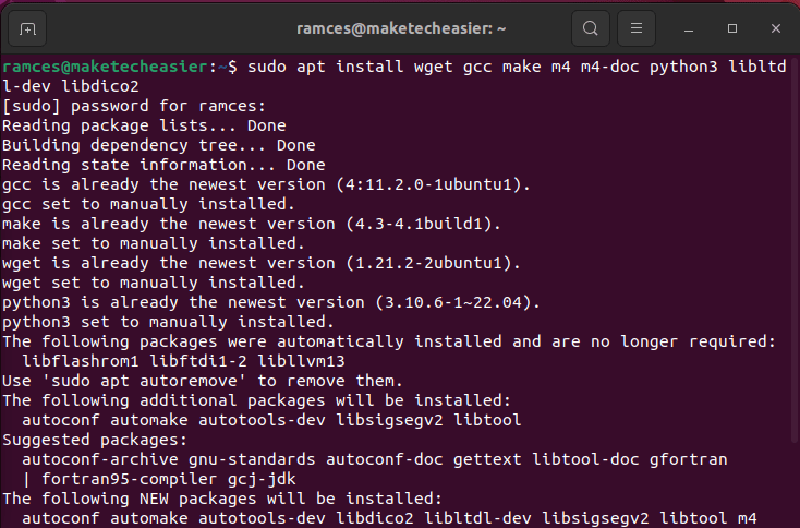 A terminal window showing the dependencies for GNU Dico.