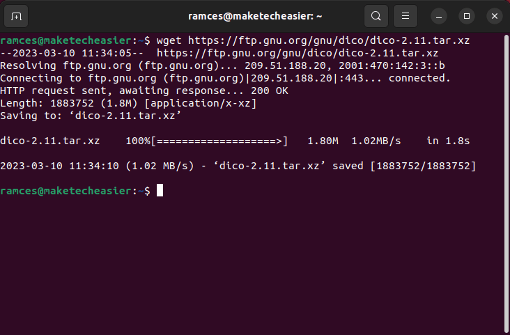 A terminal window showing the download process for GNU Dico.