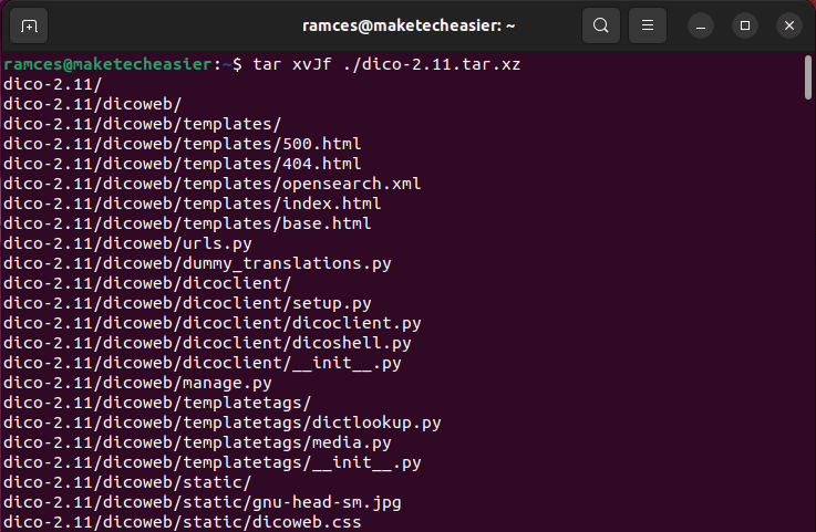 A terminal window showing the extraction process for GNU Dico.