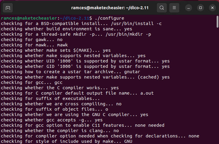 A terminal window showing the configuration process for the GNU Dico source.