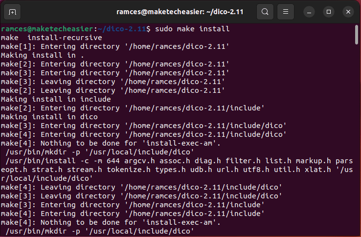 A terminal window showing the copying process of the GNU Dico binary.