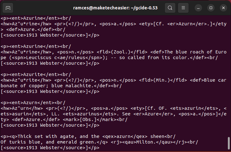 A terminal window showing a segment of  the GCIDE index.