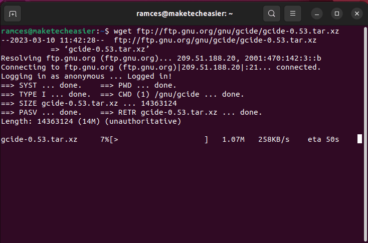 A terminal window showing the GCIDE download process.