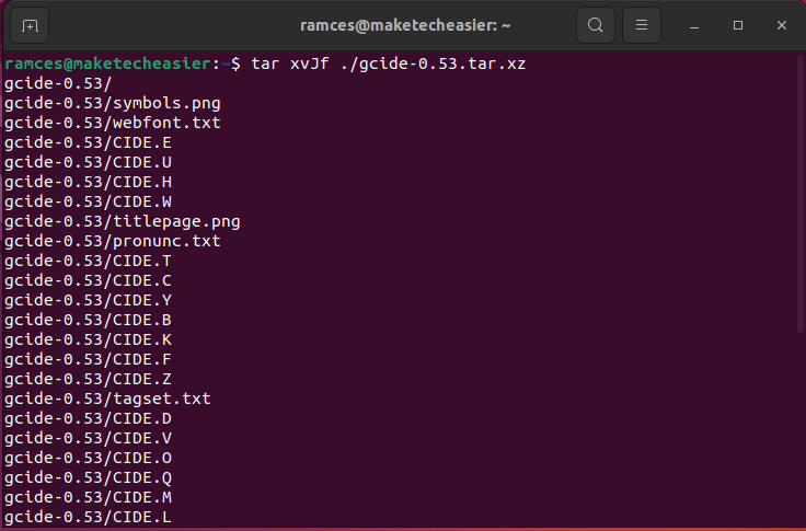 A terminal window showing the GCIDE extraction process.