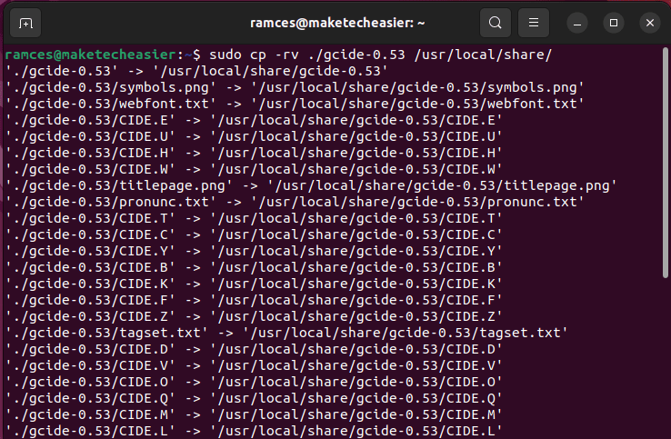 A terminal window showing the GCIDE database being copied to the share directory.