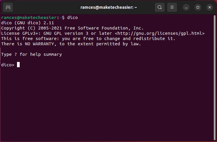 A terminal window showing a basic GNU Dico console.