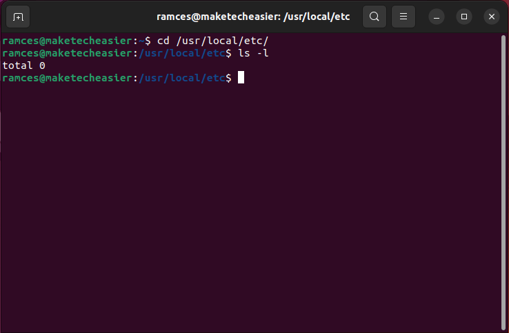 A terminal window showing the current working directory to /usr/local/etc.