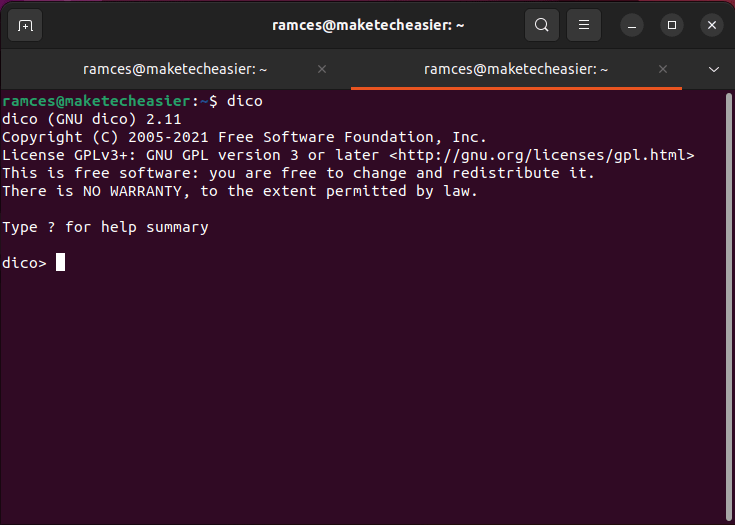 A terminal window showing the basic GNU Dico console.