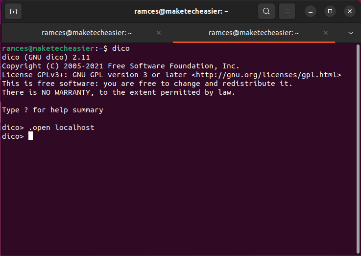 A terminal window showing a localhost connection with GNU Dico.