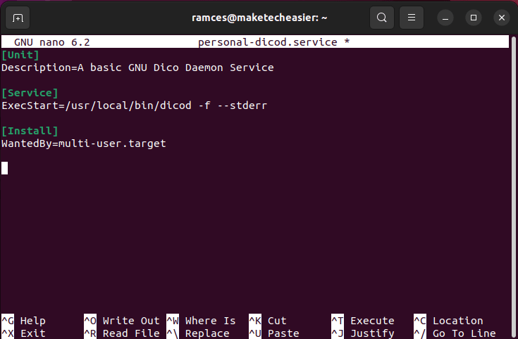 A terminal window showing a basic SystemD service file.