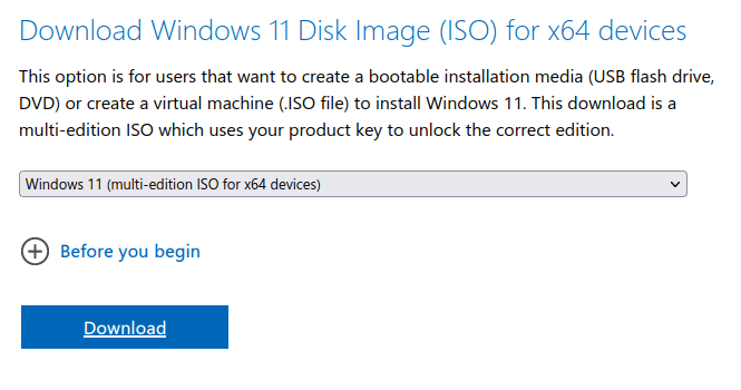 A screenshot showing the download selection page for Windows 11.