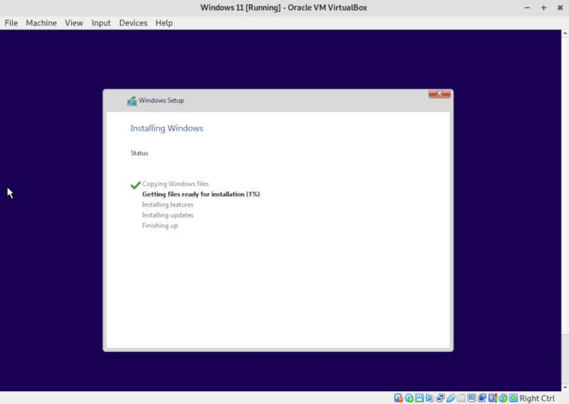 A screenshot showing the automatic Windows 11 installation process.