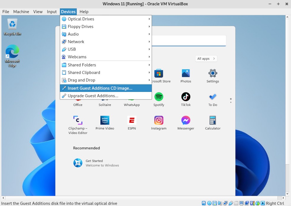 A screenshot showing the mounting of the Guest Additions ISO.
