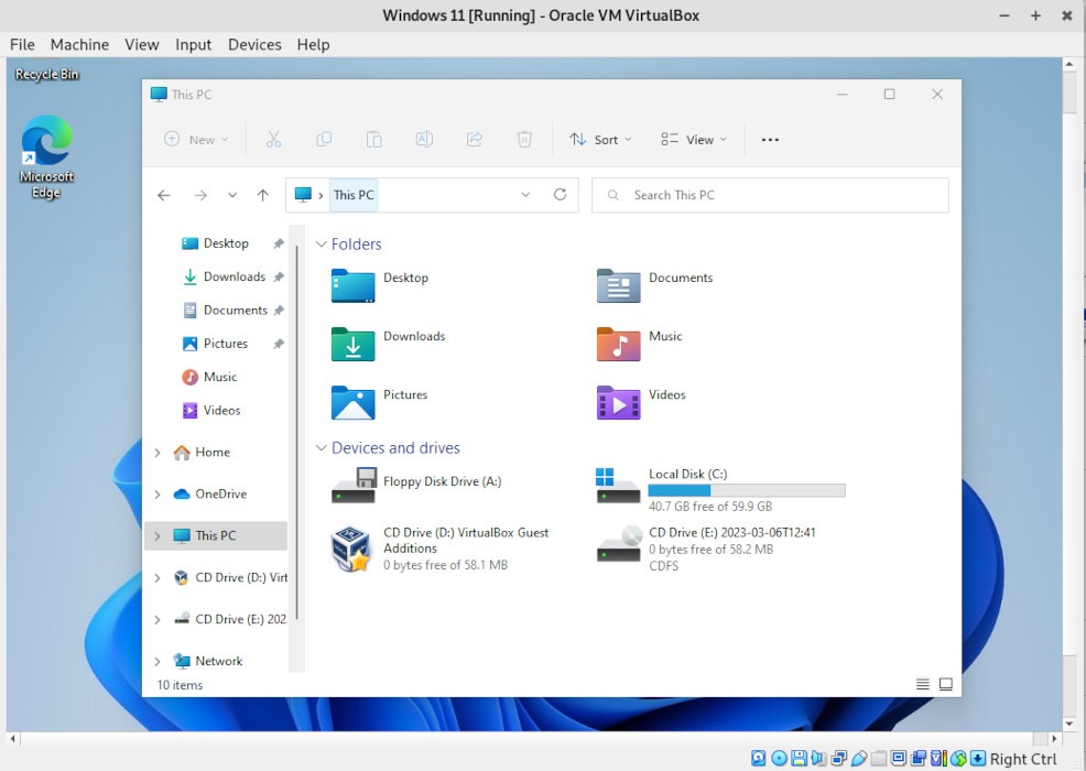A screenshot showing the mounted Guest Additions ISO in the VM.