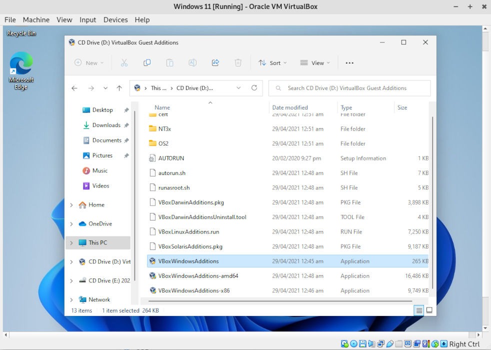 A screenshot showing the Guest Additions binary inside the ISO.
