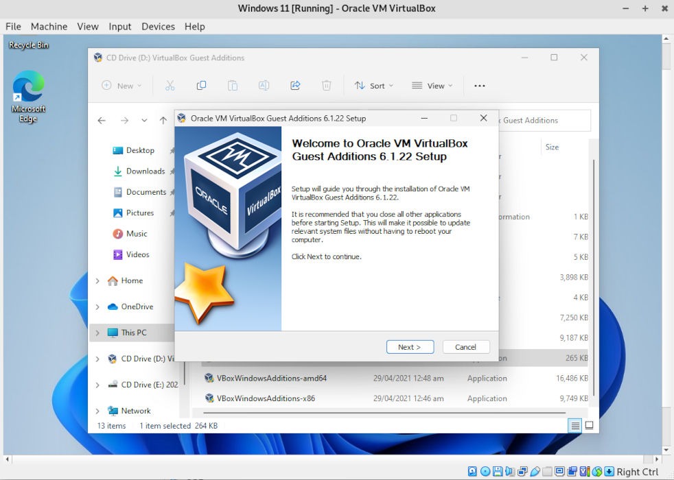 A screenshot showing the Guest Additions installation wizard.