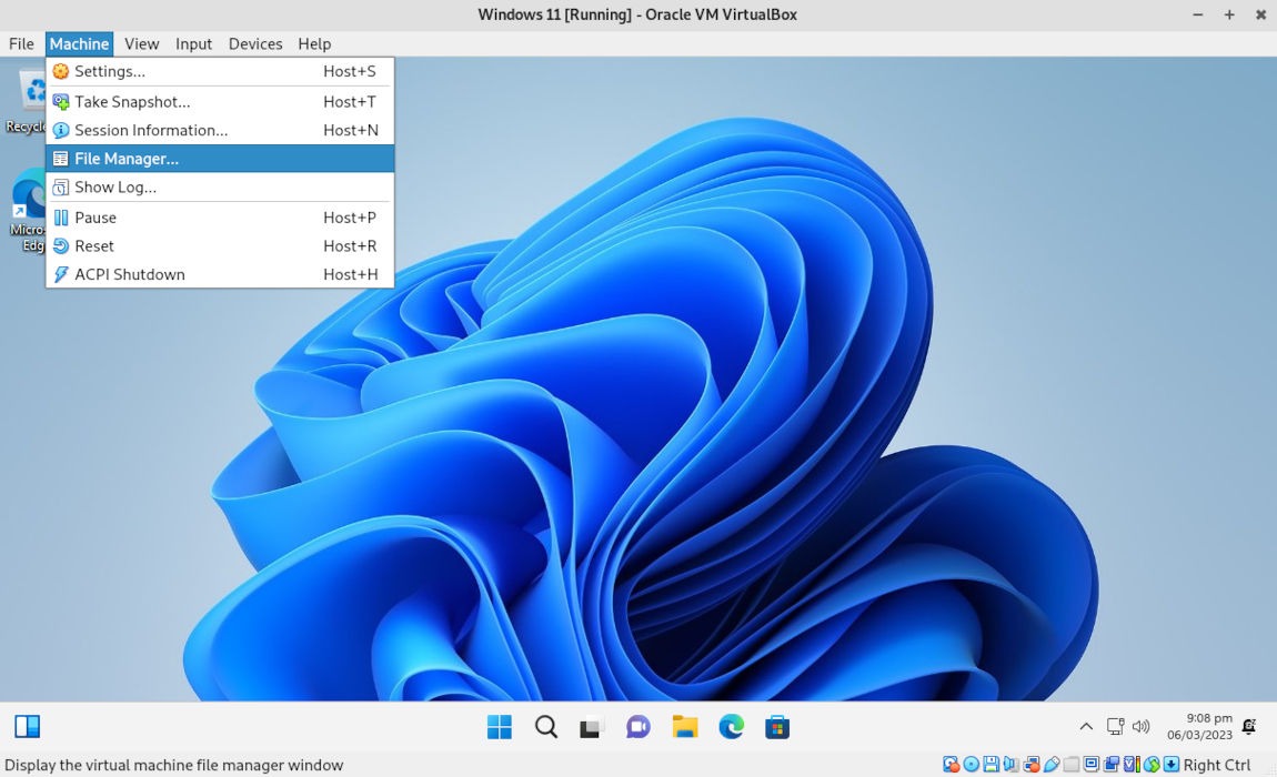 A screenshot showing the File Manager option in VirtualBox.
