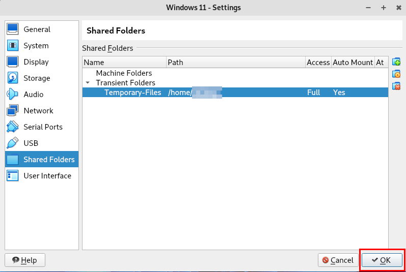 A screenshot showing the shared folders window prompt.