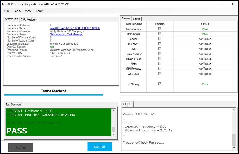Intel Processor Diagnostic Tool program interface.