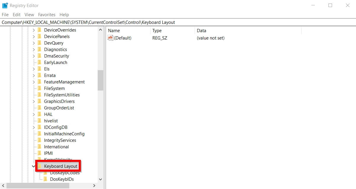 Selecting "Keyboard Layout" key in Registry Editor.