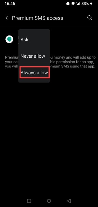 Enabling "Always allow" for Premium SMS access for Messages app on Android.
