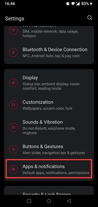 "Apps & notifications" section in Settings on Android.