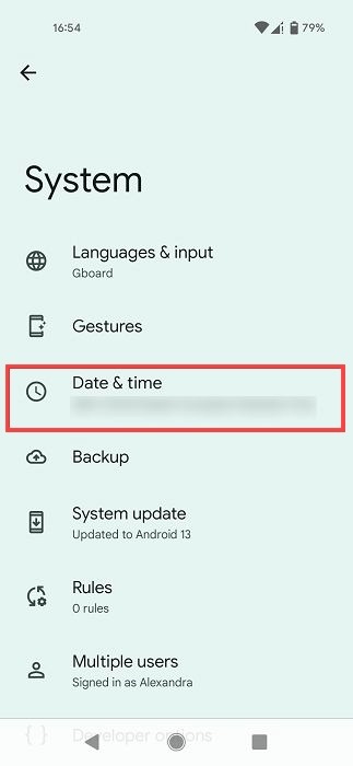 "Date & time" section in Settings on Android. 