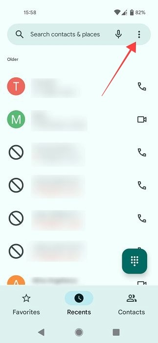 Clicking on three dots menu in Phone app on Android.