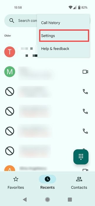 Settings option in Phone app on Android.