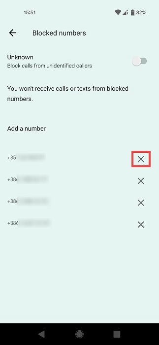 Removing blocked numbers from blocked list on Android.