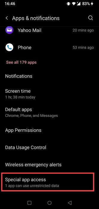 Tapping on "Special app access" section on Android.