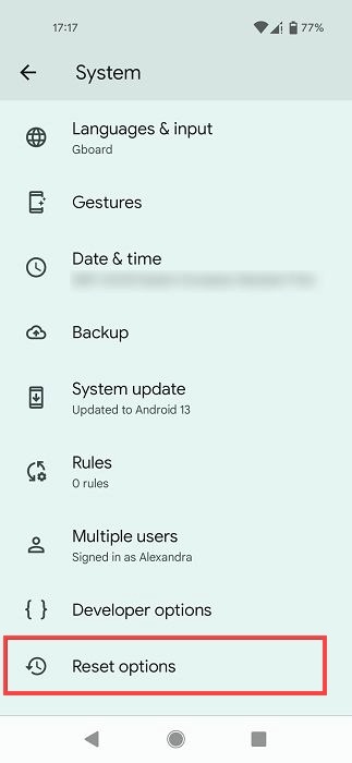 "Reset options" in System on Android phone. 
