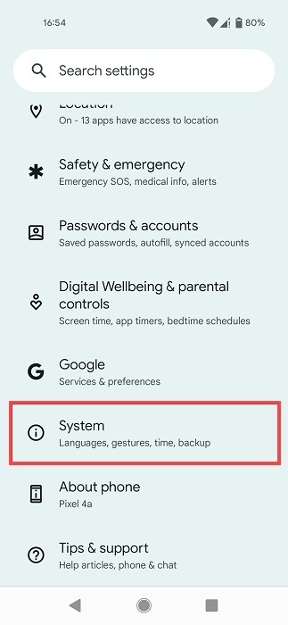 System section in Settings on Android.