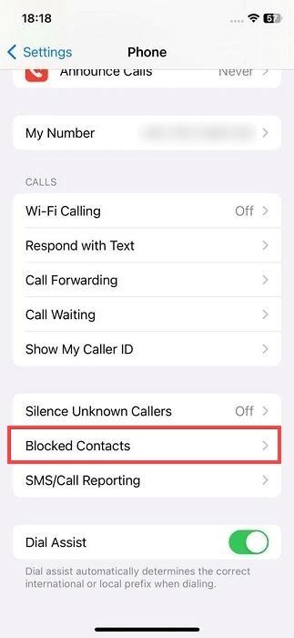 "Blocked Contacts" option under Phone on iOS.