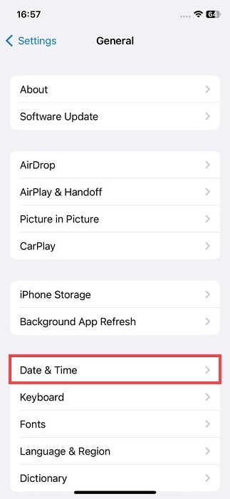 Tapping on "Date & Time" section on iOS.