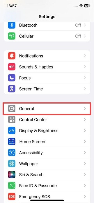 Opening up "General" section on iPhone. 