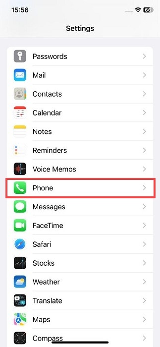 Clicking on "Phone" section in Settings on iOS.
