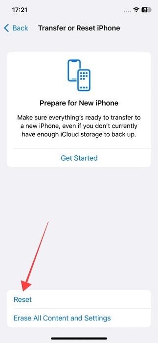 "Reset" button under "Transfer or Reset iPhone" on iOS.