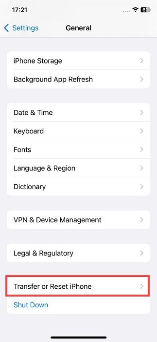 Navigating to "Transfer or Reset iPhone" option in Settings on iOS.