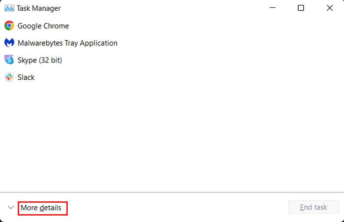 Accessing the "More details" button in Task Manager.
