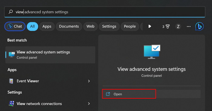 Typing "View advanced system settings" in Windows Search. 