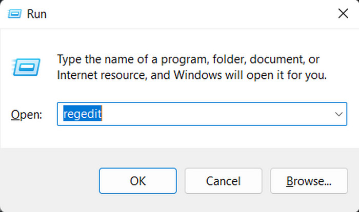 Typing "regedit" in Run window.