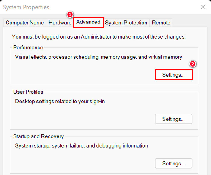 Switching to "Advanced" tab in System Properties and clicking on "Settings."