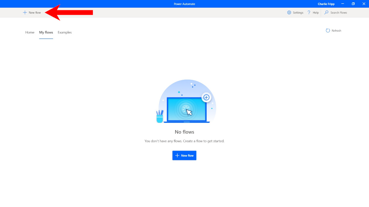Clicking on "New flow" button in Power Automate app.