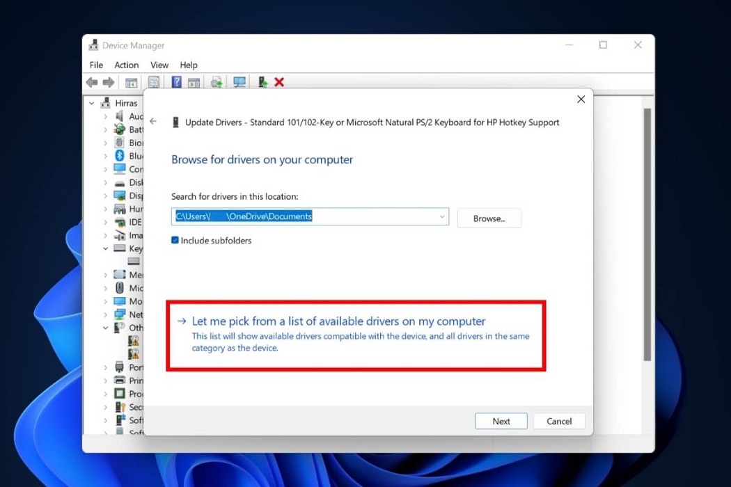 Pressing on "Let me pick from a list of available drivers on my computer" option in Update Drivers pop-up. 
