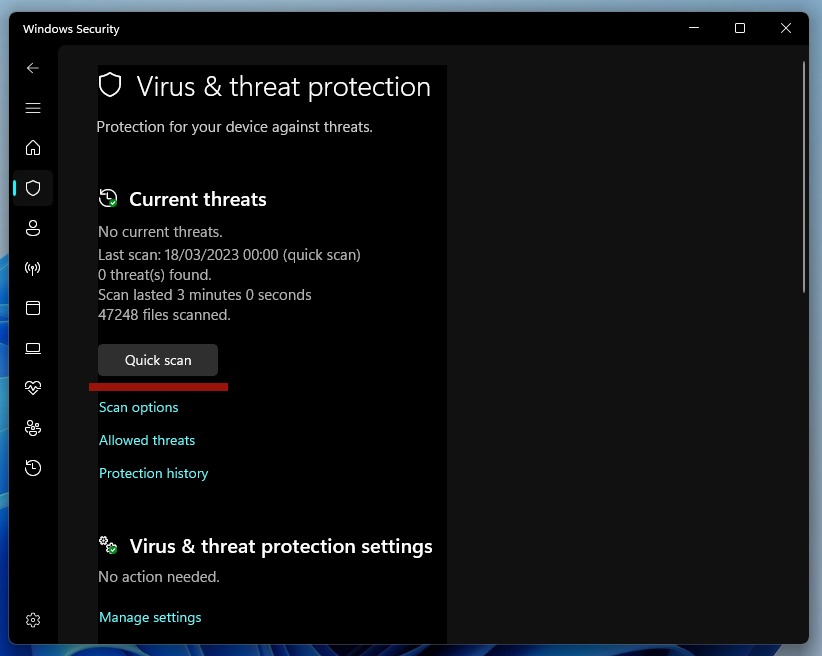 Clicking on "Quick scan" button in "Virus & threat protection" section. 